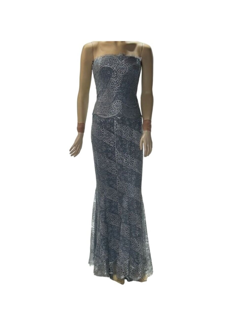 Rickie Freeman Teri Jon Women's Silver Gray Lace Strapless Evening Gown Size 16 - Picture 3 of 16